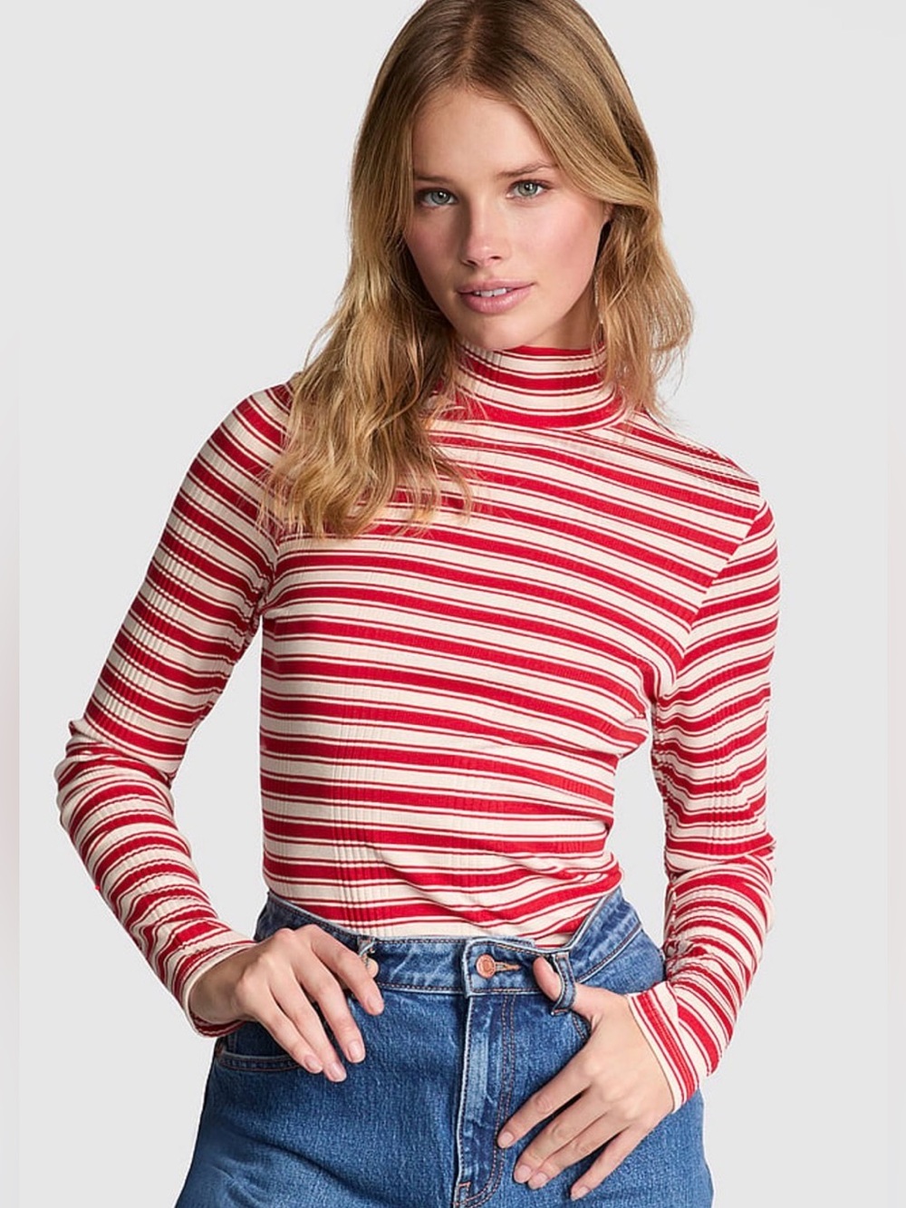 🤎 NWT Victoria’s Secret PINK Red Stripe Ribbed Long Sleeve T-shirt- XL (01142)